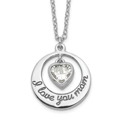 Sterling Silver Rhodium-plated I LOVE YOU MOM with CZ Heart Dangle 15 inch Necklace with 2 inch extension