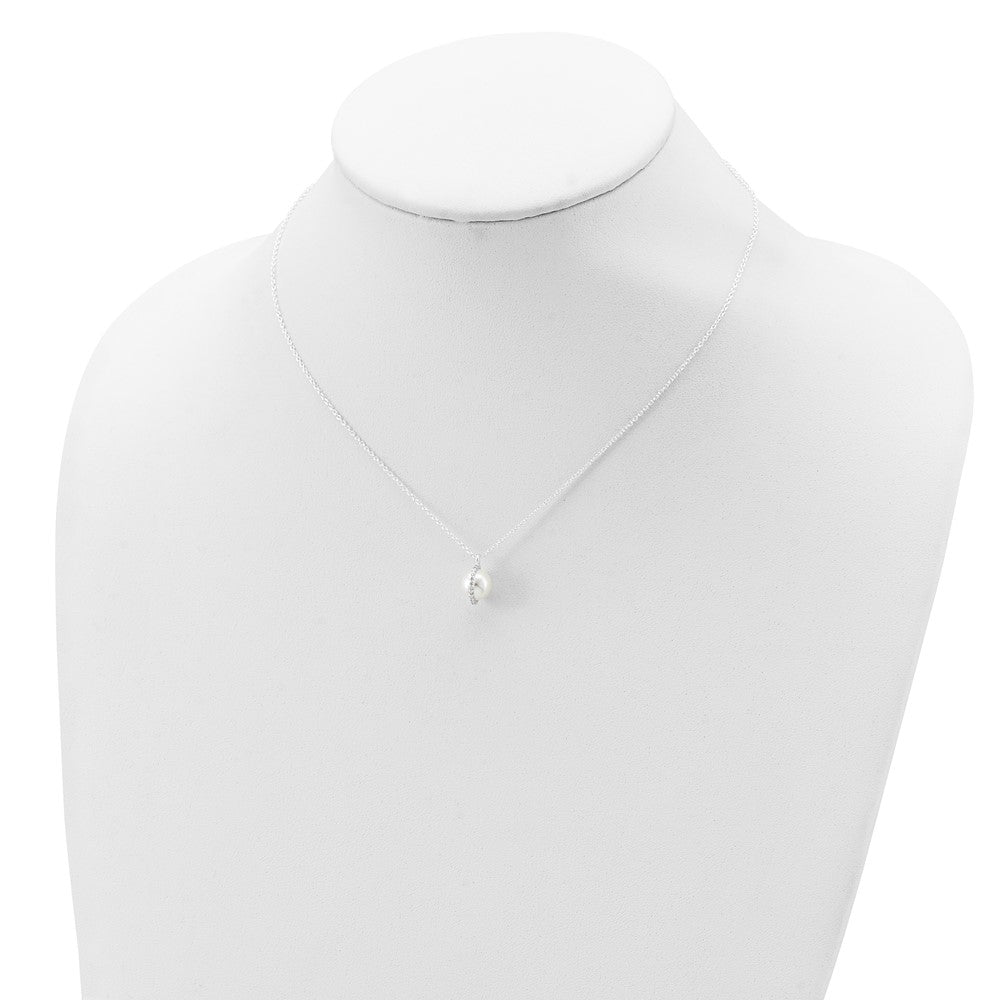 Sterling Silver CZ and Glass Pearl w/1.25in ext. Necklace