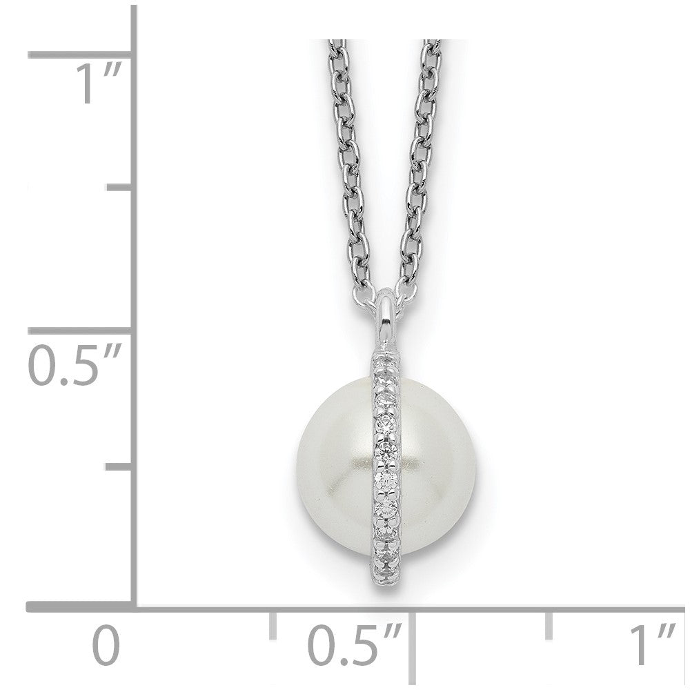 Sterling Silver CZ and Glass Pearl w/1.25in ext. Necklace
