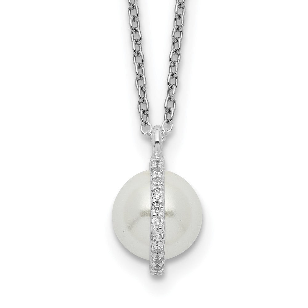 Sterling Silver CZ and Glass Pearl w/1.25in ext. Necklace