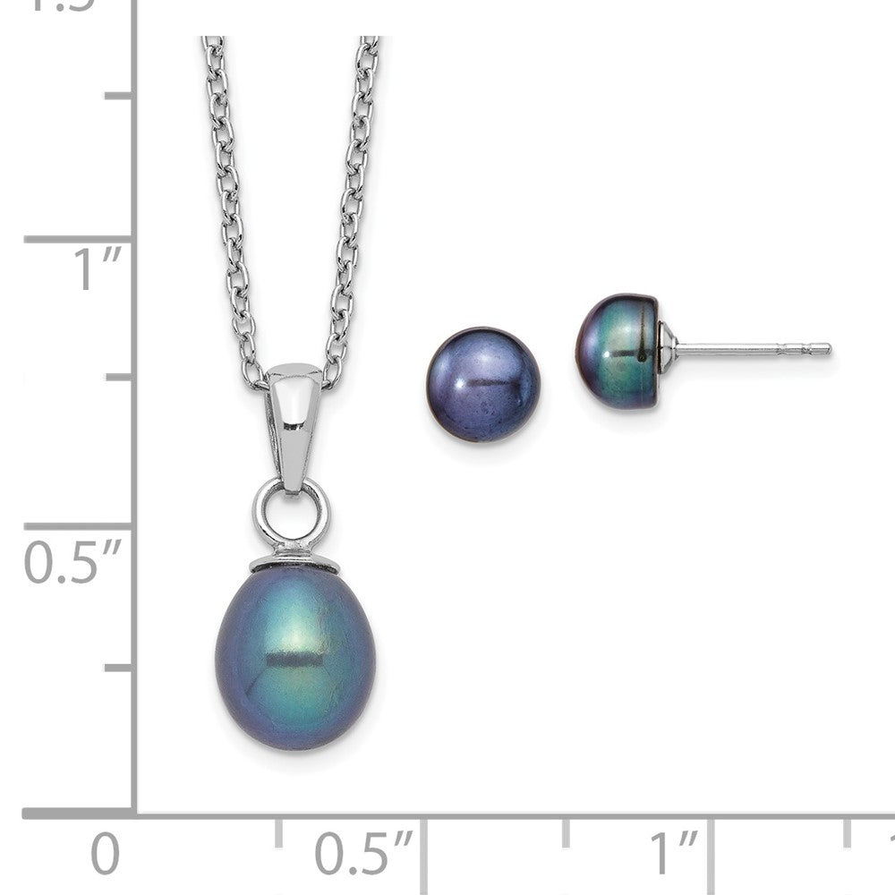 Sterling Silver Rhodium-plated 6-7mm Black Teardrop Freshwater Cultured Pearl 17 inch Necklace and Button Post Earrings Set