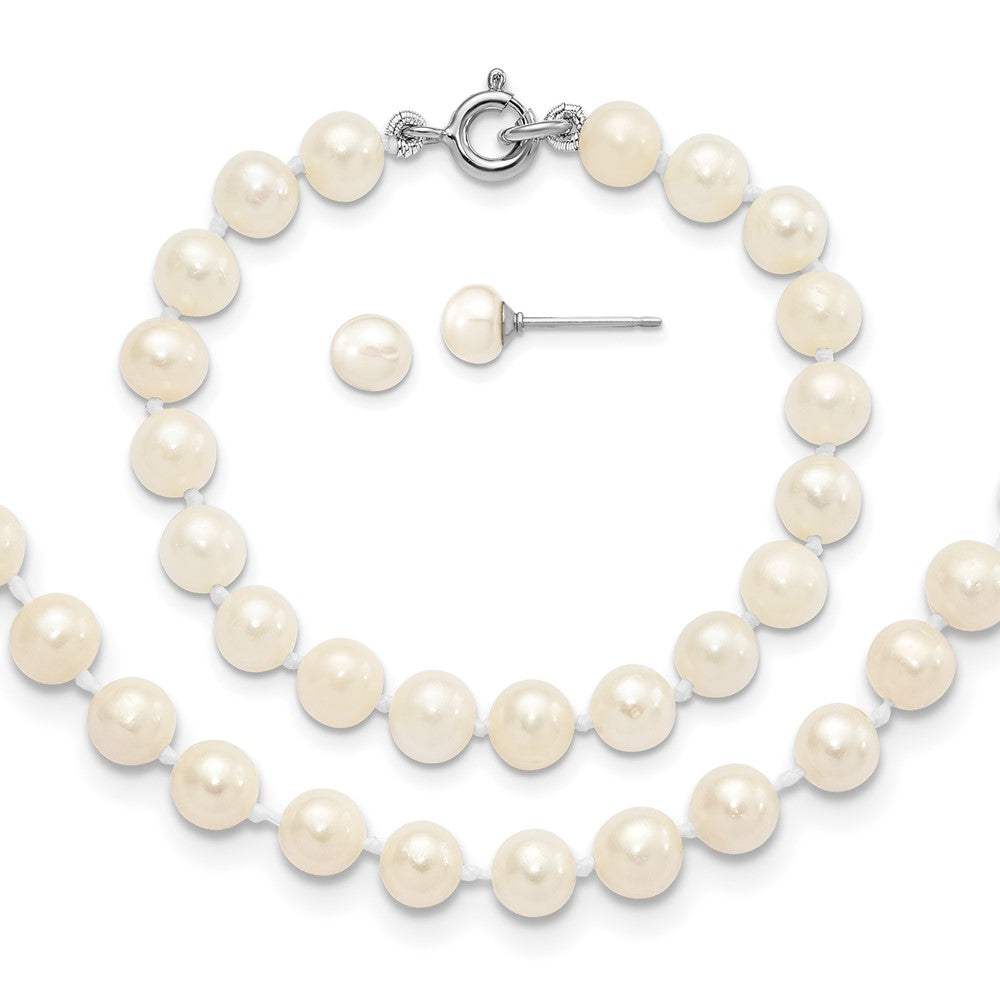 Sterling Silver Madi K Rhodium-plated 5-6mm White Semi-Round Freshwater Cultured Pearl 12 inch Necklace, 4 inch Bracelet & Button Post Earrings Set