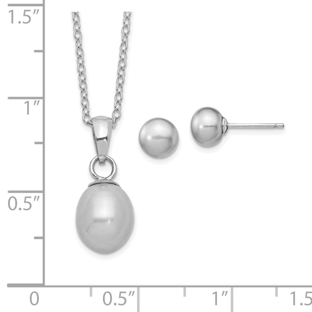 Sterling Silver Rhodium-plated 6-7mm Grey Teardrop Freshwater Cultured Pearl 17 inch Necklace and Button Earrings Set