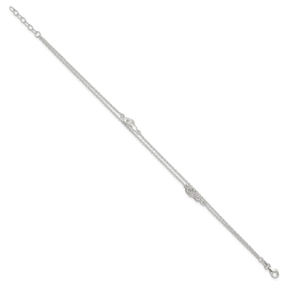 Sterling Silver 2-Strand CZ Flip Flop 9 inch Plus 1 inch Extender - Total 11 inch Anklet