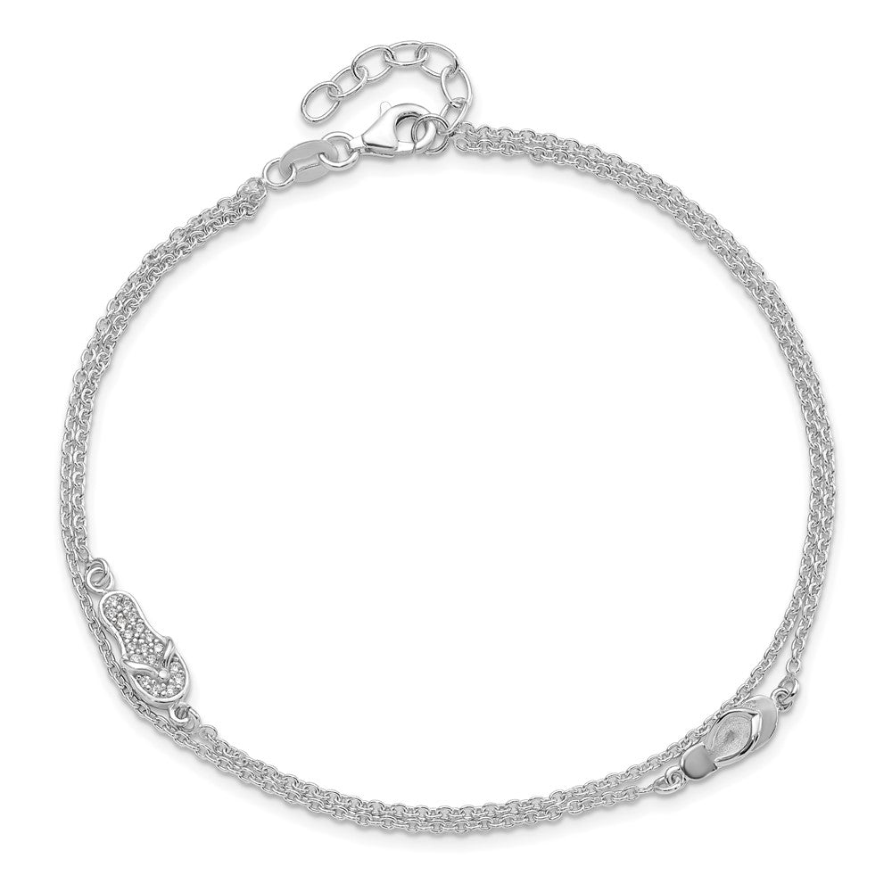 Sterling Silver 2-Strand CZ Flip Flop 9 inch Plus 1 inch Extender - Total 11 inch Anklet