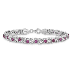 Sterling Silver Rhodium-plated Dark Pink Glass Flat Link 7.5in Bracelet