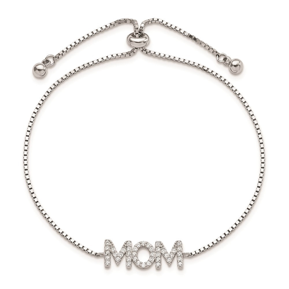 Sterling Silver Polished Rhodium-plated Pavâ CZ MOM Adjustable Bracelet