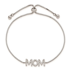 Sterling Silver Polished Rhodium-plated Pavâ CZ MOM Adjustable Bracelet