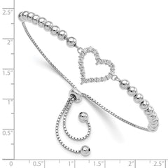 Sterling Silver Rhodium-plated Beaded CZ Heart Adjustable Bracelet