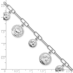 Sterling Silver Rhodium-plated Polished Coin Charm w/ 1in ext. Bracelet