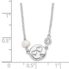 Sterling Silver Rhodium-plated CZ FW Cultured Pearl w/Hearts Necklace