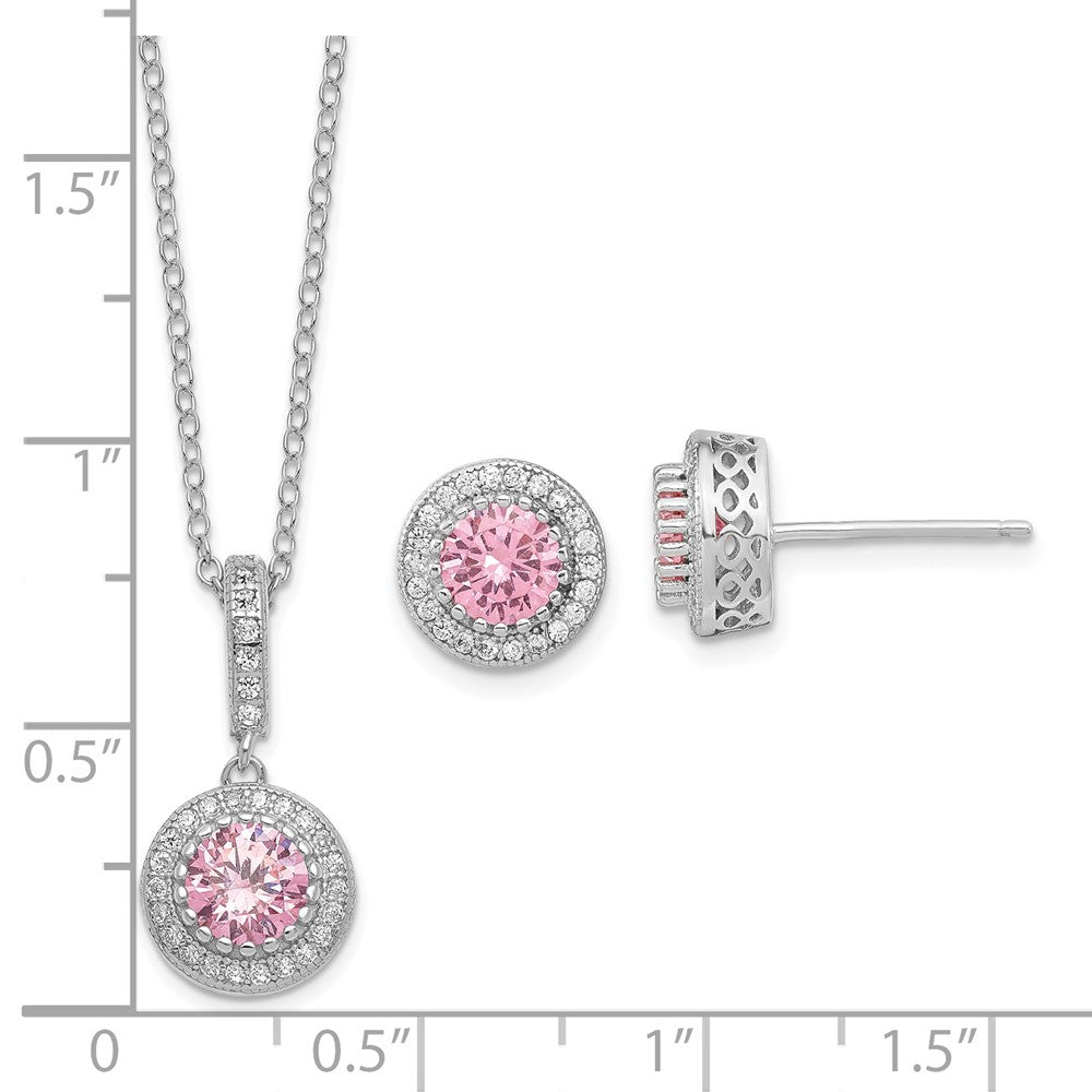 Sterling Silver Polished Rhodium-plated CZ 18in Necklace/Post Earrings Set - 3