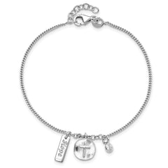 Sterling Silver Rhodium-plated Satin Cross Hope CZ with .5in Ext Bracelet