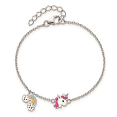 Sterling Silver Rhodium-plated Polished & Multi-color Enameled  Unicorn & Rainbow with 1 Inch Extension Children's Bracelet