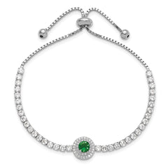 Sterling Silver Rhodium-plated CZ and Green Glass Adjustable Bracelet