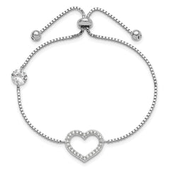 Sterling Silver Rhodium-plated Polished CZ Open Heart Adjustable Bracelet