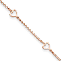 Sterling Silver Rose-tone Hearts 9 inch Plus 1 inch Extender - Total 10 inch Anklet