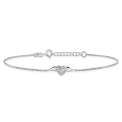 Sterling Silver Rhodium-plated CZ Heart with Wings 9 inch Plus 1 inch Extender - Total 10 inch Anklet