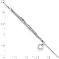 Sterling Silver Rhodium-plated Beads/Heart Dangle 9 inch Plus 1 inch Extender - Total 10 inch Anklet