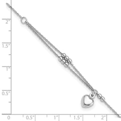 Sterling Silver Rhodium-plated Beads/Heart Dangle 9 inch Plus 1 inch Extender - Total 10 inch Anklet - 2
