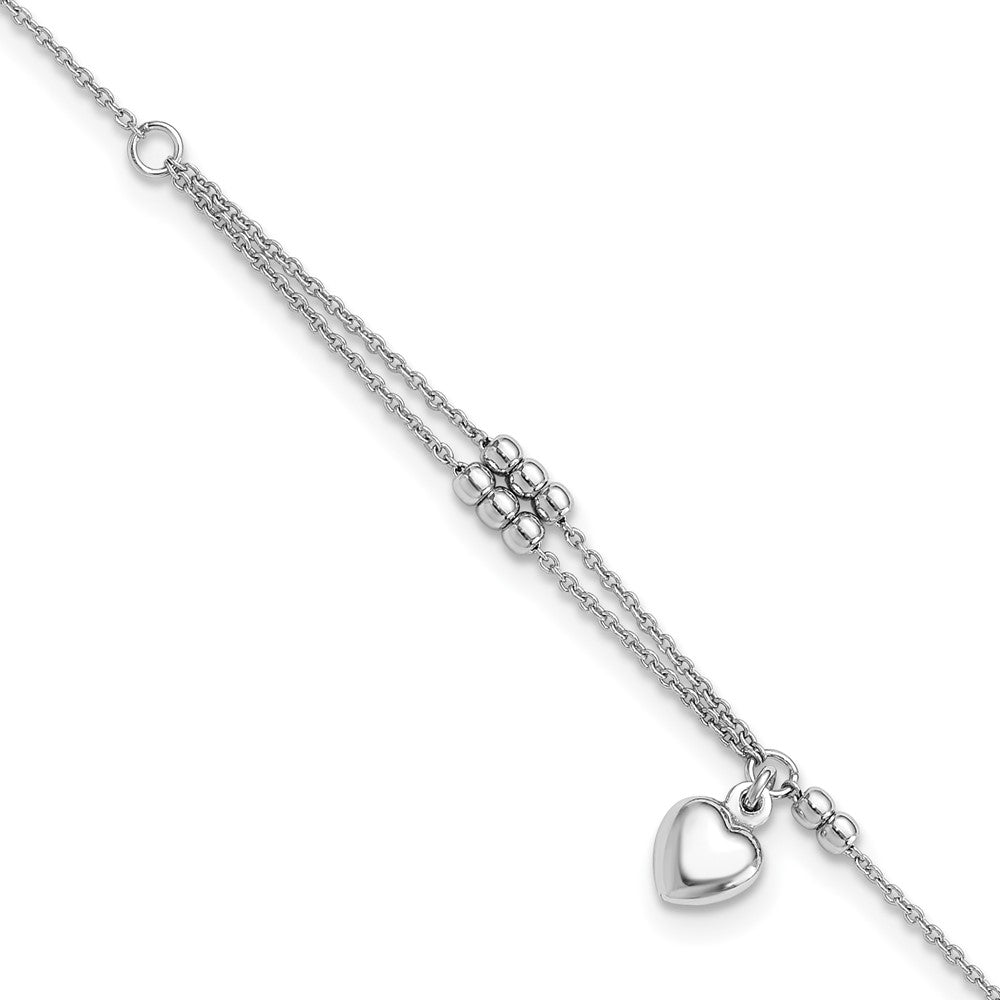 Sterling Silver Rhodium-plated Beads/Heart Dangle 9 inch Plus 1 inch Extender - Total 10 inch Anklet - 2