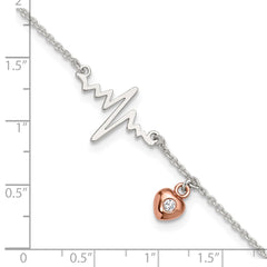 Sterling Silver Rose-tone CZ Heart and Heartbeat 9 inch Plus 1 inch Extender - Total 10 inch Anklet