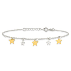 Sterling Silver Gold Tone Dangle Stars 9in Plus 1 Inch Ext Anklet
