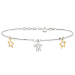 Sterling Silver Gold-Tone Starfish and Turtle 9 inch Plus 1 inch Extender - Total 10 inch Anklet