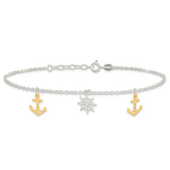 Sterling Silver Gold-tone Anchor/Ship's Wheel 9 inch Plus 1 inch Extender - Total 10 inch Anklet