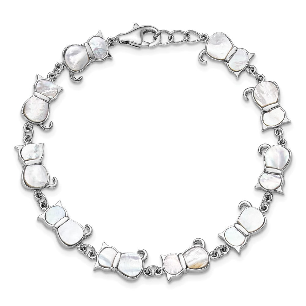 Sterling Silver Rhodium-plated Mother of Pearl Cat Link Bracelet