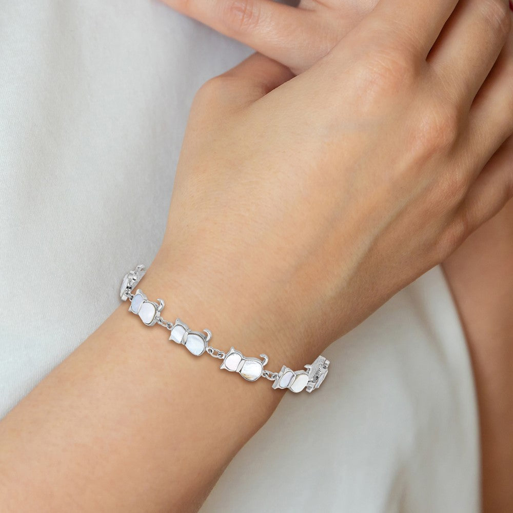 Sterling Silver Rhodium-plated Mother of Pearl Cat Link Bracelet