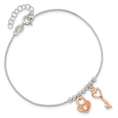 Sterling Silver w/Rose Tone Lock and Key Beaded 7in w/1in ext. Bracelet
