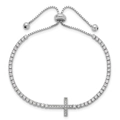 Sterling Silver Rhodium-plated CZ Sideways Cross Adjustable Bracelet