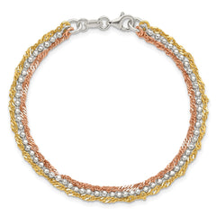 Sterling Silver Gold Tone and Rose Tone 3 Strand 7.5in Bracelet