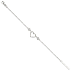 Sterling Silver Rhodium-plated Polished CZ Heart with 1in ext Bracelet