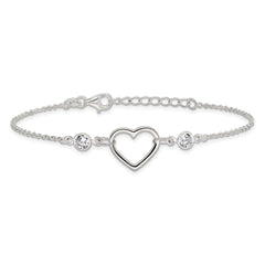 Sterling Silver Rhodium-plated Polished CZ Heart with 1in ext Bracelet