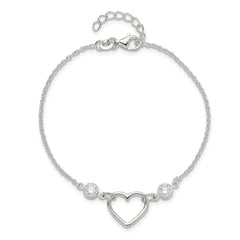 Sterling Silver Rhodium-plated Polished CZ Heart with 1in ext Bracelet