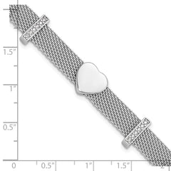 Sterling Silver Rhodium-plated Mesh CZ Heart 6.75in Bracelet