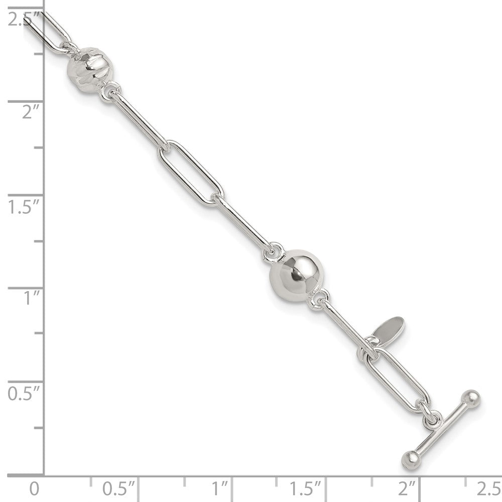 Sterling Silver Polished and Textured Beaded Link Toggle Bracelet