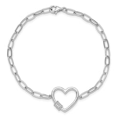 Sterling Silver Rhodium-plated with CZ Heart Paperclip Link 7.5in Bracelet