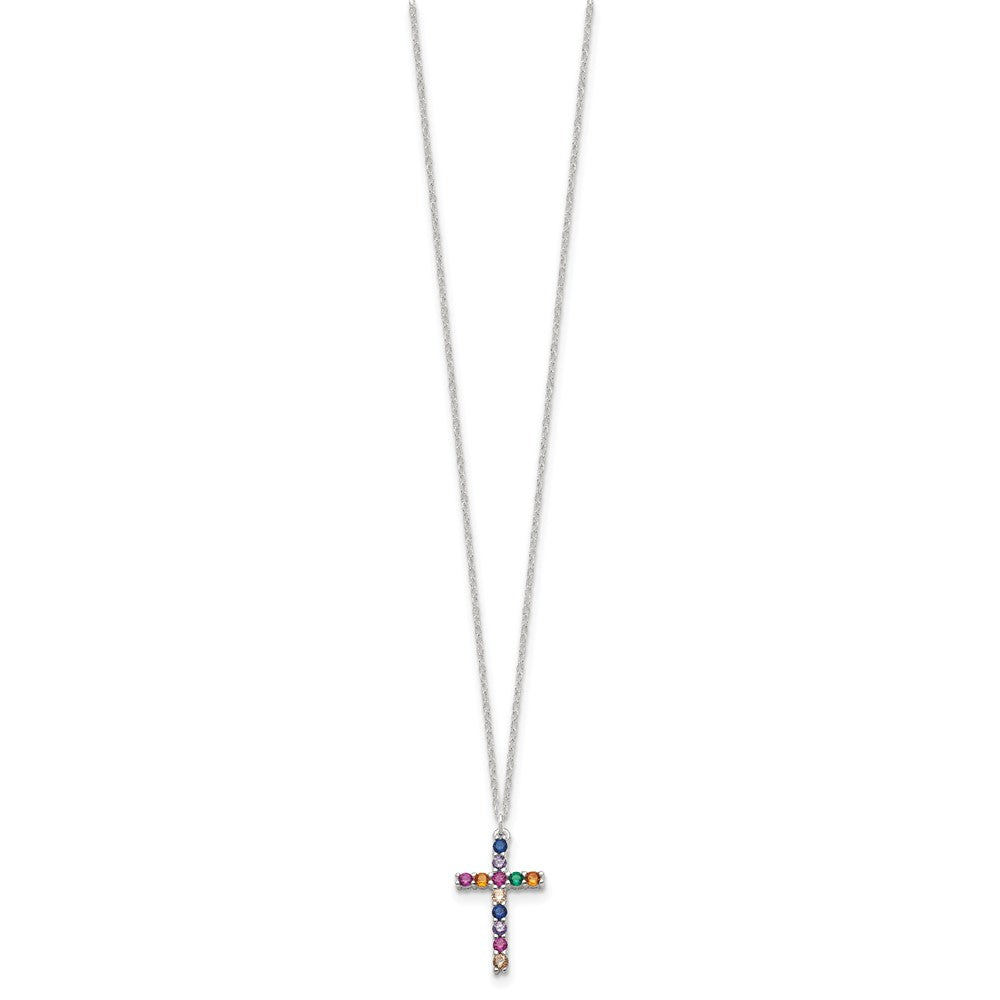 SS Multi Color E-Coating CZ Cross 16in w/2in ext Necklace