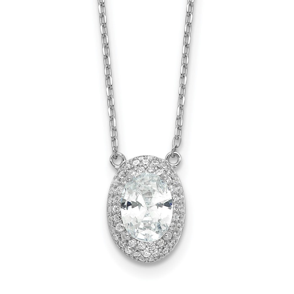 Sterling Silver Rhodium-plated 8x6mm Oval CZ 16in w/2in ext. Necklace