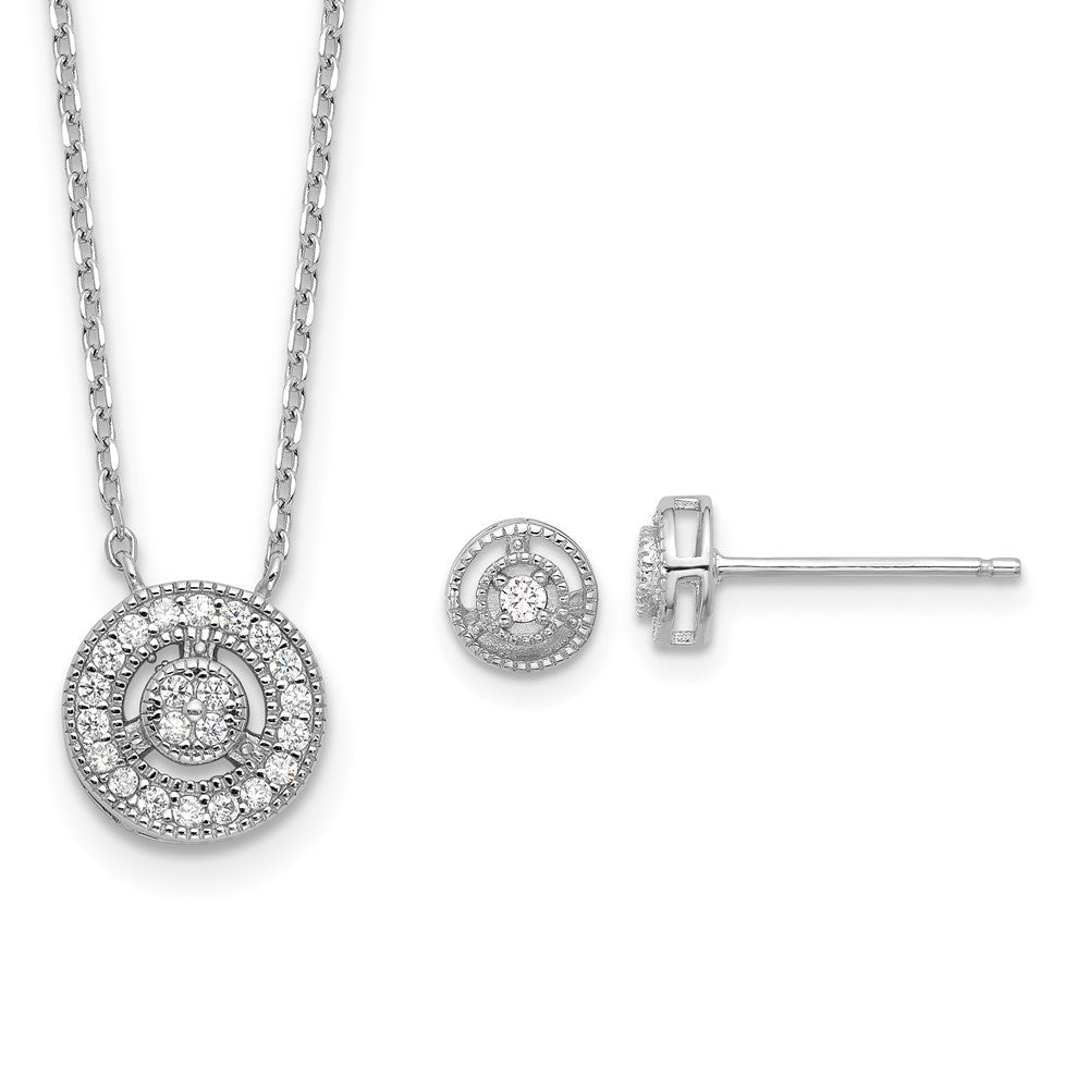 Sterling Silver RH-plated CZ Circle 18in w/2in ext Necklace/Post Earring Se