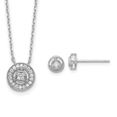 Sterling Silver RH-plated CZ Circle 18in w/2in ext Necklace/Post Earring Se