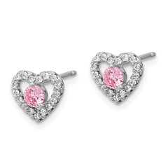 Sterling Silver Rhodium-plated Polished Pink & White CZ Heart Children's 10in w/2in Ext. Necklace & Post Earring Set