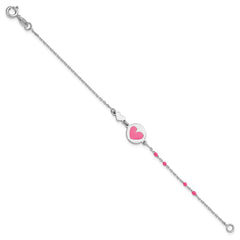 Sterling Silver Polished Pink Enamel Heart Children's 6in Bracelet