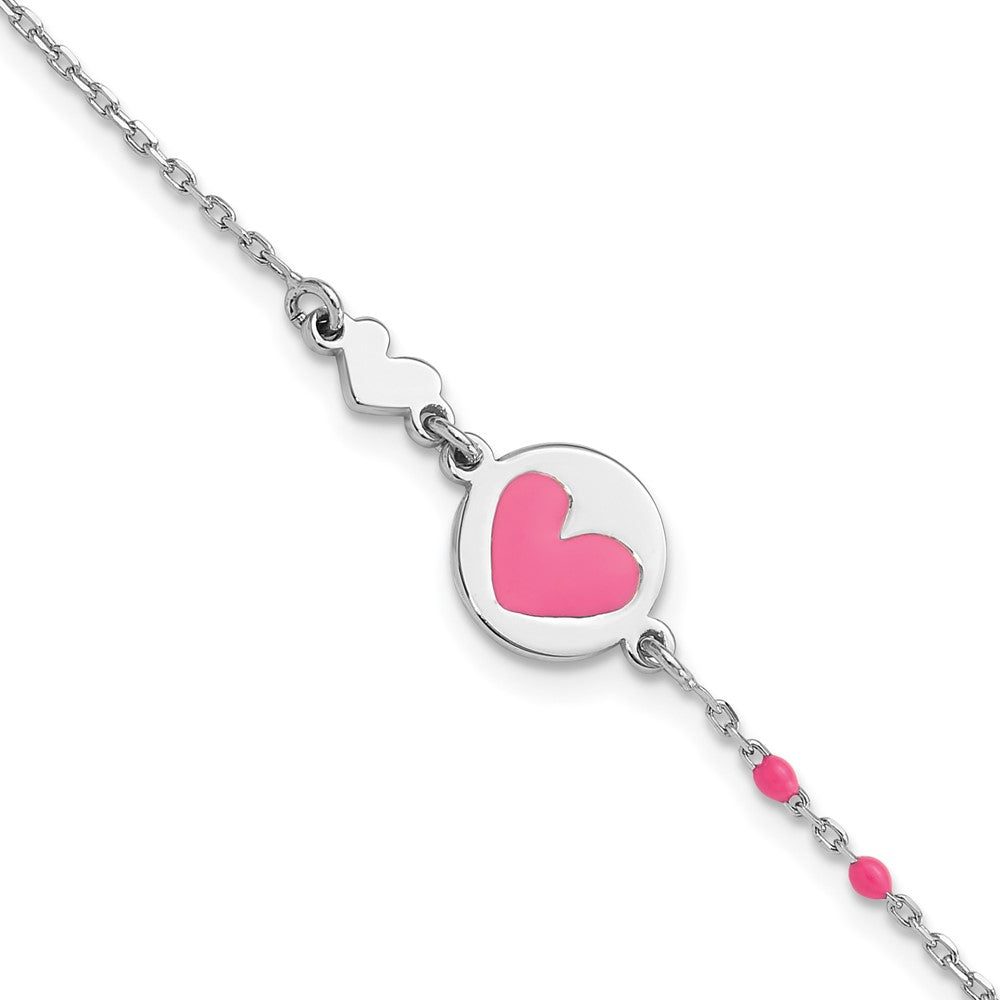 Sterling Silver Polished Pink Enamel Heart Children's 6in Bracelet