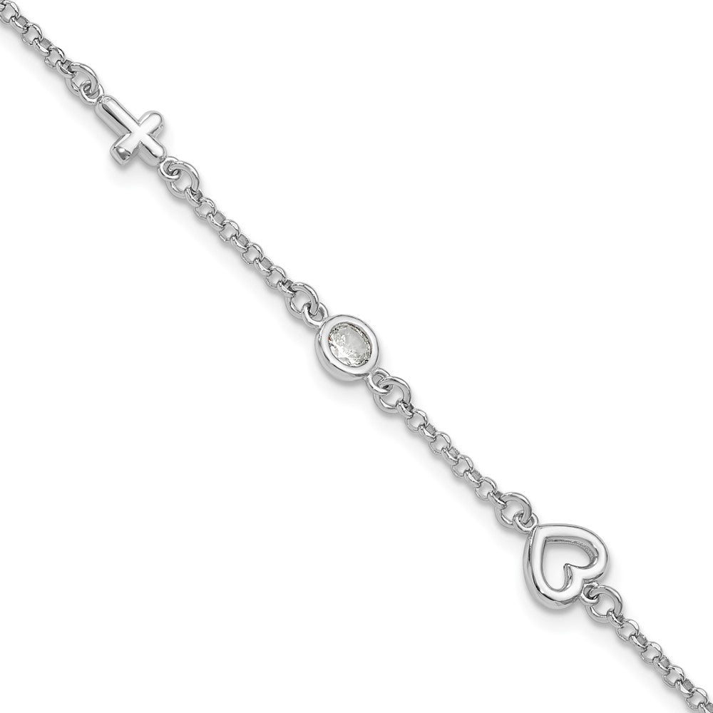 Sterling Silver RH-plated CZ Heart & Cross w/1in Ext. Children's Bracelet