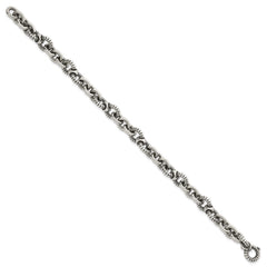 Sterling Silver Oxidized Polished and Textured Round Fancy Cable Link Mens 8.25 inch Bracelet