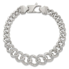 Sterling Silver Polished Graduated CZ Curb Link 9 Inch Men's Bracelet
